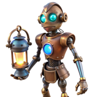 wonderful creative A lone steampunk cyborg, intricate clockwork limbs, glowing blue eyes, standing in a dusty attic, dimly lit by a single oil lamp 4K png