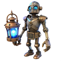 impressive rustic A lone steampunk cyborg, intricate clockwork limbs, glowing blue eyes, standing in a dusty attic, dimly lit by a single oil lamp detailed png