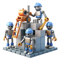 impressive vintage A group of robots, working together to build a massive structure on a desolate, alien planet. Industrial, realistic style detailed png