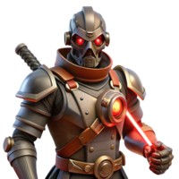 extraordinary artistic A fierce steampunk warrior, wearing a leather and metal exoskeleton, glowing red eyes, wielding a plasma blade, dynamic lighting, cyberpunk influences detailed png