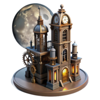 beautiful modern A towering steampunk clock tower, intricate gears and pipes exposed, casting a long shadow, lit by a full moon, gothic architecture high resolution png