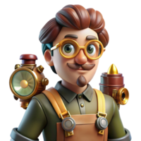 stunning rustic A curious steampunk inventor, wearing goggles and a leather apron, surrounded by strange gadgets, warm workshop lighting, realistic style genuine png