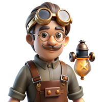 magnificent traditional A curious steampunk inventor, wearing goggles and a leather apron, surrounded by strange gadgets, warm workshop lighting, realistic style exclusive png