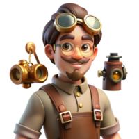 wonderful minimalist A curious steampunk inventor, wearing goggles and a leather apron, surrounded by strange gadgets, warm workshop lighting, realistic style professional png