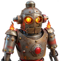 beautiful abstract A menacing steampunk robot, rusted iron and exposed wires, glowing red eyes, lit by flickering flames, dystopian setting high resolution png