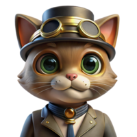 elegant modern A portrait of a steampunk cat wearing goggles and a tiny top hat, warm, studio lighting, realistic style high resolution png