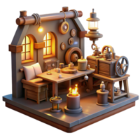 impressive classic A cluttered steampunk workshop, filled with tools, gears, and half-finished inventions, lit by warm, flickering candlelight, highly detailed high quality png