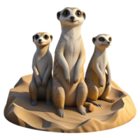 dramatic minimalist A family of meerkats standing alert on a sandy dune, harsh desert sunlight, photorealistic style genuine png