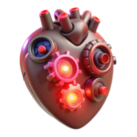 stunning artistic A mechanical heart, intricately crafted with gears, pipes, and glowing crystals, lit by a pulsing red light, bioluminescent style premium png