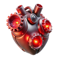 dramatic modern A mechanical heart, intricately crafted with gears, pipes, and glowing crystals, lit by a pulsing red light, bioluminescent style high resolution png