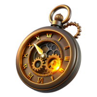 serene creative A close-up of a steampunk pocket watch, intricate gears and glowing Roman numerals, dimly lit, mysterious atmosphere high resolution png