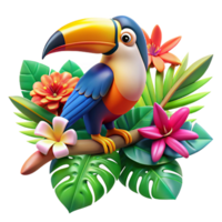 serene minimalist A colorful toucan perched on a branch, surrounded by tropical flowers, vibrant colors, impressionistic style high quality png