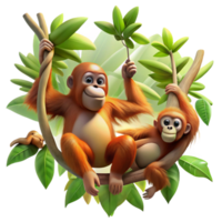 stunning artistic A family of orangutans swinging through the rainforest canopy, dappled sunlight, dynamic movement, photorealistic style high resolution png