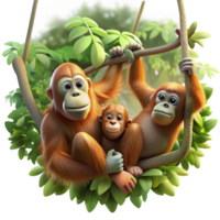 wonderful contemporary A family of orangutans swinging through the rainforest canopy, dappled sunlight, dynamic movement, photorealistic style high resolution png