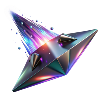 bellissimo artistico un' elegante, triangolare navicella spaziale, penetrante attraverso un' wormhole di fratturato iridescente luce, in partenza un' pista di scintillante particelle. synthwave illuminazione, digitale arte stile professionale png