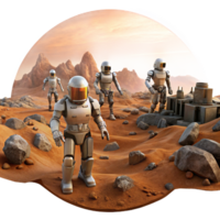 dramatic abstract A group of robotic explorers, excavating ancient ruins on a Mars-like landscape, under a dust-filled orange sky. Natural lighting, photorealistic style high quality png