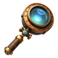 vibrant minimalist A steampunk magnifying glass with intricate engravings and a glowing lens, dimly lit, mysterious atmosphere genuine png