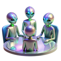 magnificent vintage A group of alien diplomats, with iridescent skin and elongated limbs, gathered around a holographic table in a sleek, minimalist chamber. Soft lighting, futuristic style genuine png