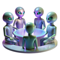 serene creative A group of alien diplomats, with iridescent skin and elongated limbs, gathered around a holographic table in a sleek, minimalist chamber. Soft lighting, futuristic style professional png
