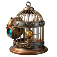 beautiful contemporary A steampunk birdcage containing a mechanical bird, intricate details, dimly lit authentic png