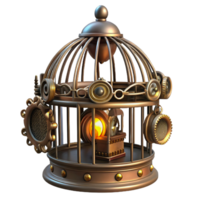 dramatic traditional A steampunk birdcage containing a mechanical bird, intricate details, dimly lit high resolution png