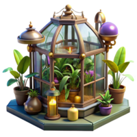 wonderful abstract A steampunk greenhouse filled with exotic mechanical plants, brightly lit, whimsical style original png
