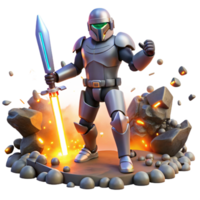 stunning vintage A futuristic warrior, wielding a plasma sword, standing amidst a battlefield strewn with robotic debris, illuminated by explosions. Dramatic lighting, comic book style high resolution png
