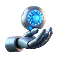 Maravilhoso tradicional uma cromada robô mão delicadamente segurando uma brilhando esfera do binário código, iluminado de suave azul néon luz, cyberpunk estilo detalhado png