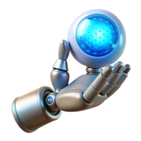 dramático tradicional uma cromada robô mão delicadamente segurando uma brilhando esfera do binário código, iluminado de suave azul néon luz, cyberpunk estilo profissional png
