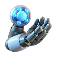 stunning traditional A chrome robot hand delicately holding a glowing orb of binary code, illuminated by soft blue neon light, cyberpunk style original png