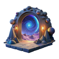 vibrant rustic A portal swirling with cosmic energy, opening onto a breathtaking alien landscape, with twin suns in the sky. Surreal lighting, fantasy art style high resolution png