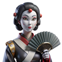 beautiful contemporary A cyborg geisha, with intricate robotic prosthetics and traditional makeup, holding a fan. Soft lighting, cyberpunk style high quality png