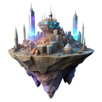 extraordinary modern A floating city, built amidst towering rock formations on an alien planet, illuminated by the soft glow of a nearby nebula. Ethereal lighting, fantasy art style exclusive png