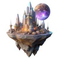 stunning classic A floating city, built amidst towering rock formations on an alien planet, illuminated by the soft glow of a nearby nebula. Ethereal lighting, fantasy art style premium png
