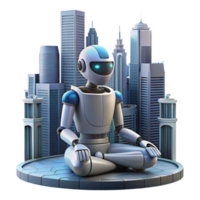 stunning artistic A robot meditating in a zen garden on a futuristic rooftop, overlooking a sprawling cityscape. Soft lighting, cyberpunk style authentic png