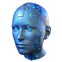 serene modern A transparent human head filled with intricate circuitry, soft blue light, cyberpunk style authentic png
