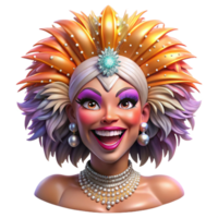 wonderful abstract Portrait of a glamorous drag queen with extravagant makeup, a feathered headdress, and a dazzling smile, lit by stage lights high quality png