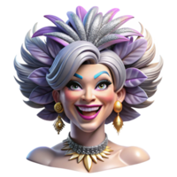 dramatic traditional Portrait of a glamorous drag queen with extravagant makeup, a feathered headdress, and a dazzling smile, lit by stage lights detailed png
