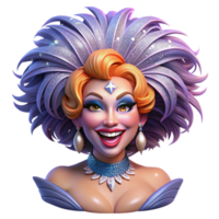 beautiful rustic Portrait of a glamorous drag queen with extravagant makeup, a feathered headdress, and a dazzling smile, lit by stage lights professional png