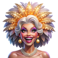 impressive modern Portrait of a glamorous drag queen with extravagant makeup, a feathered headdress, and a dazzling smile, lit by stage lights high resolution png