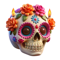 wonderful modern Portrait of a vibrant sugar skull with intricate floral designs and vibrant colors, lit by flickering candles in a Day of the Dead celebration high resolution png