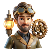 stunning minimalist Portrait of a curious steampunk inventor with goggles, gears, and intricate gadgets, lit by the warm glow of a workshop lamp premium png