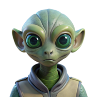 extraordinary artistic Portrait of a curious alien with large eyes, unusual skin textures, and an inquisitive expression, lit by the glow of a spaceship professional png