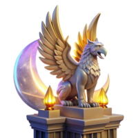 stunning rustic A majestic griffin perched atop a crumbling obsidian tower, bathed in the ethereal glow of a triple moon, feathers shimmering with iridescent hues. Art Deco style exclusive png