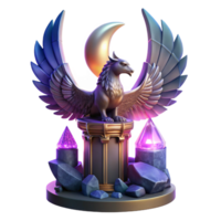 elegant abstract A majestic griffin perched atop a crumbling obsidian tower, bathed in the ethereal glow of a triple moon, feathers shimmering with iridescent hues. Art Deco style detailed png