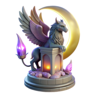beautiful abstract A majestic griffin perched atop a crumbling obsidian tower, bathed in the ethereal glow of a triple moon, feathers shimmering with iridescent hues. Art Deco style exclusive png
