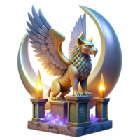 beautiful artistic A majestic griffin perched atop a crumbling obsidian tower, bathed in the ethereal glow of a triple moon, feathers shimmering with iridescent hues. Art Deco style original png