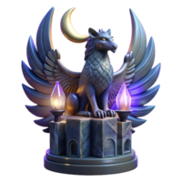 stunning rustic A majestic griffin perched atop a crumbling obsidian tower, bathed in the ethereal glow of a triple moon, feathers shimmering with iridescent hues. Art Deco style premium png