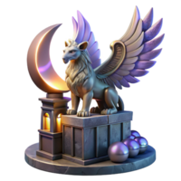 impressive minimalist A majestic griffin perched atop a crumbling obsidian tower, bathed in the ethereal glow of a triple moon, feathers shimmering with iridescent hues. Art Deco style authentic png