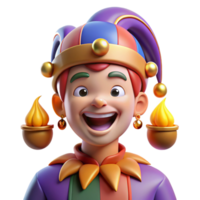 elegant minimalist Portrait of a mischievous jester with colorful clothes, bells, and a playful grin, lit by torches in a medieval castle 4K png